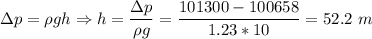 \Delta p = \rho gh \Rightarrow h = \dfrac{\Delta p}{\rho g} = \dfrac{101300-100658}{1.23*10} = 52.2~m