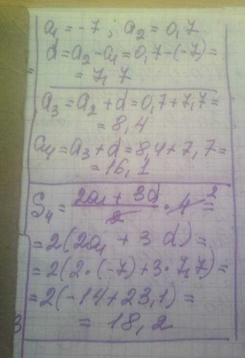 Знайдіть наступні 2 числа прогресії і суму перших чотирьох членів, якщо а1 = - 7 і а2 = 0, 7​
