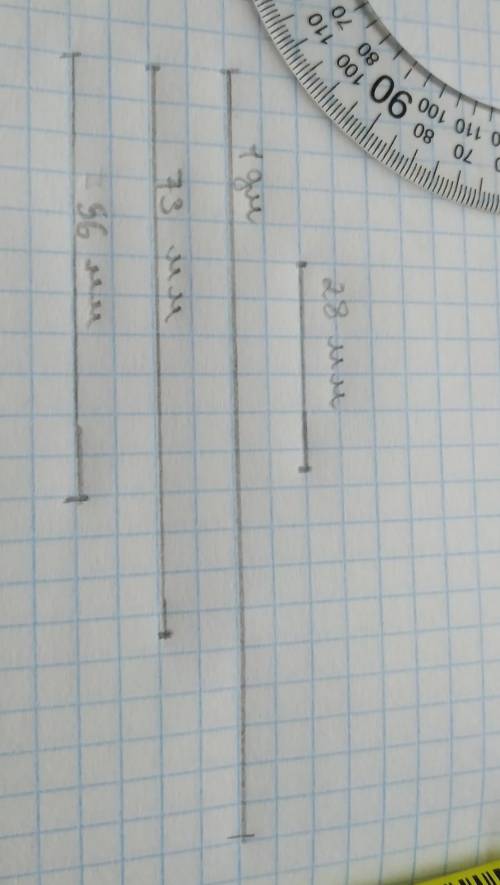 Начертить отрезки: 28 мм, 1 дм, 73 мм, 56 мм​