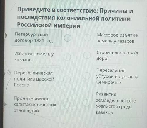 Приведите в соответствие: Причины и последствия колониальной политикиРоссийской империиПетербургский