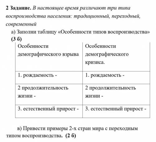 Воспроизводства населения: традиционный, переходный, современный а) Заполни таблицу «Особенности тип