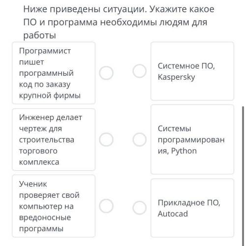 ИНФОРМАТИКА Ниже приведены ситуации.Укажите какое ПО и программа необходимы людям для работы