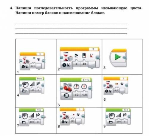 4. Напиши последовательность программы называющую цвета. Напиши номер блоков и наименование блоков.