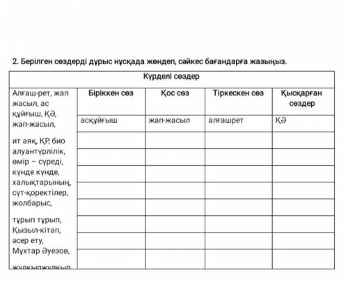 Берілген сөздерді дұрыс нұсқада жөндеп , сәйкес бағандарға жазыңыз . Күрделі сөздер