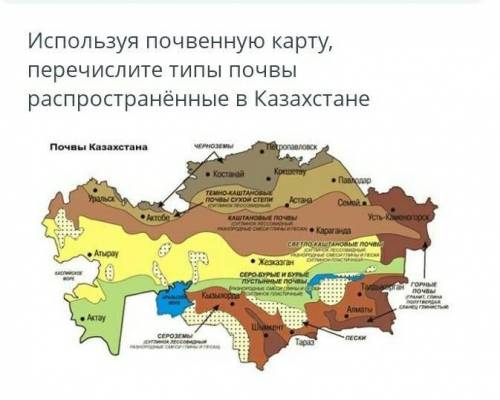 ТЕКСТ ЗАДАНИЯ Используя почвенную карту,перечислите типы почвыраспространённые в Казахстане​