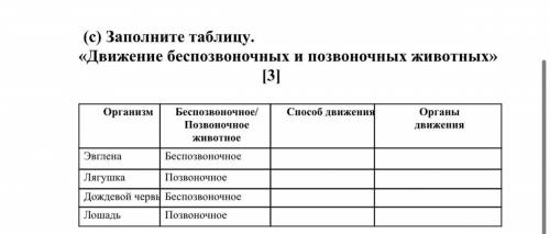 кто напишет что то не по теме, кину жалобу Заполните таблицу. «Движение беспозвоночных и позвоночны