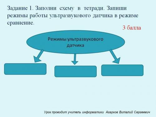 Задание 1. Заполни схему в тетради. Запиши режимы работы ультразвукового датчика в режиме сравнение.