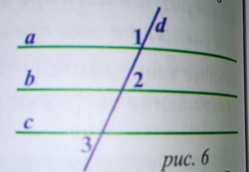 На рисунке a,b и c пересекаются с прямой d. Если угол 1=132градуса,угол2=48гр.,угол3=58гр., какие из