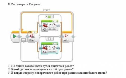 8. Рассмотрите Рисунок: 1. По линии какого цвета будет двигаться робот?2. Какой датчик используется