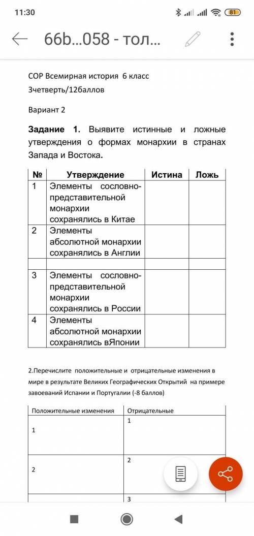 Задание 1. Выявите истинные и ложные утверждения о формах монархии в странах Запада и Востока. № Утв