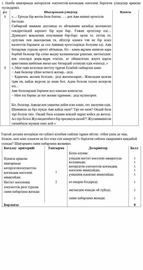 Тапсырма 1. Әдеби шығармада көтерілген әлеуметтік-қоғамдық мәселені берілген үзінділер арқылы түсінд