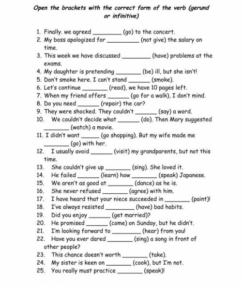 Open the brackets with the correct from pf the verb (gerund or infinitive) з 1 по 12