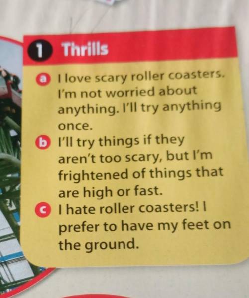 1 Thrills a I love scary roller coasters.I'm not worried aboutanything. I'll try anythingonce.b I'll