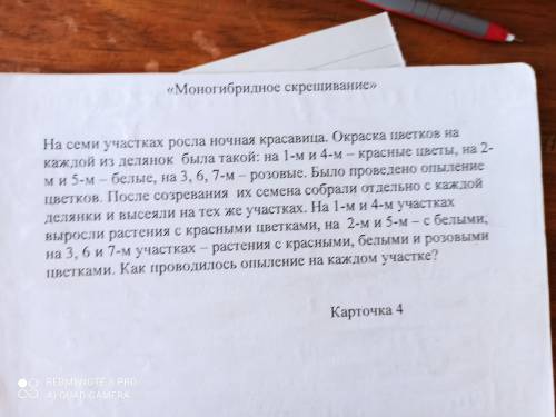 На семи участках росла ночная красавица. Окраска претков каждой из делянок была такой: на 1-м и 4-м-