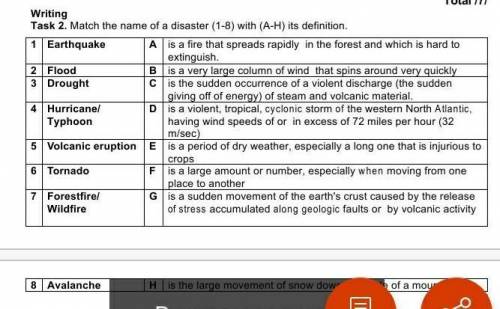 Task.1. match the name of disasters (1-8) with (a-h) its definition. ​