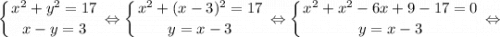 $ \displaystyle \left \{ {{x^{2}+y^{2}=17} \atop {x-y=3}} \right. \Leftrightarrow \left \{ {{x^{2}+(x-3)^{2}=17} \atop {y=x-3}} \right. \Leftrightarrow \left \{ {{x^{2}+x^{2}-6x+9-17=0} \atop {y=x-3}} \right. \Leftrightarrow $