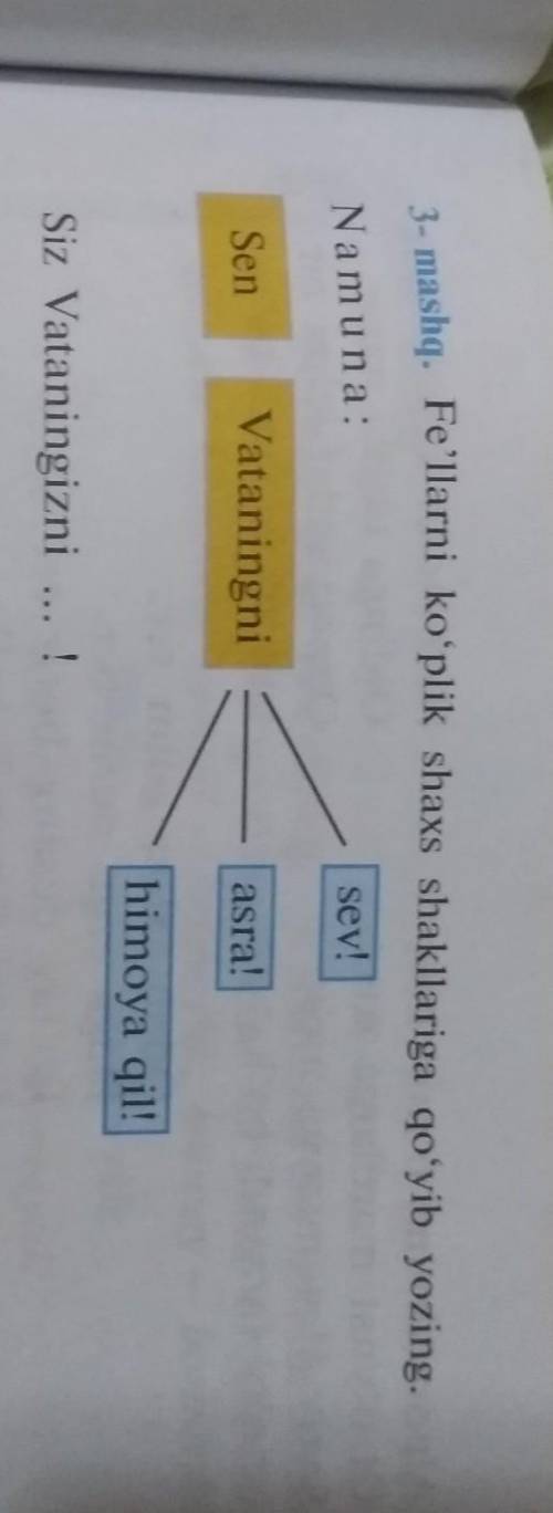 Sev! Namuna:VataningniasraSenhimoya qil!3- mashq. Fe'llarni ko'plik shaxs shakllariga qoʻyib yozing.