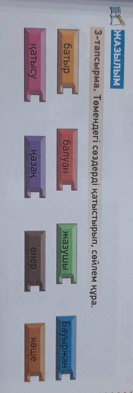 ЖАЗЫЛЫМ 3-тапсырма. Төмендегі сөздерді қатыстырып, сөйлем құра.батырбалуанжазушыБауыржанқатысуқазақө