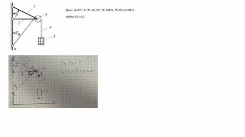 Задача по технической механике Дано: A=65 градусов ; B= 25 градусов; G= 30kN ; T1=T2=G=30kN Найти: S