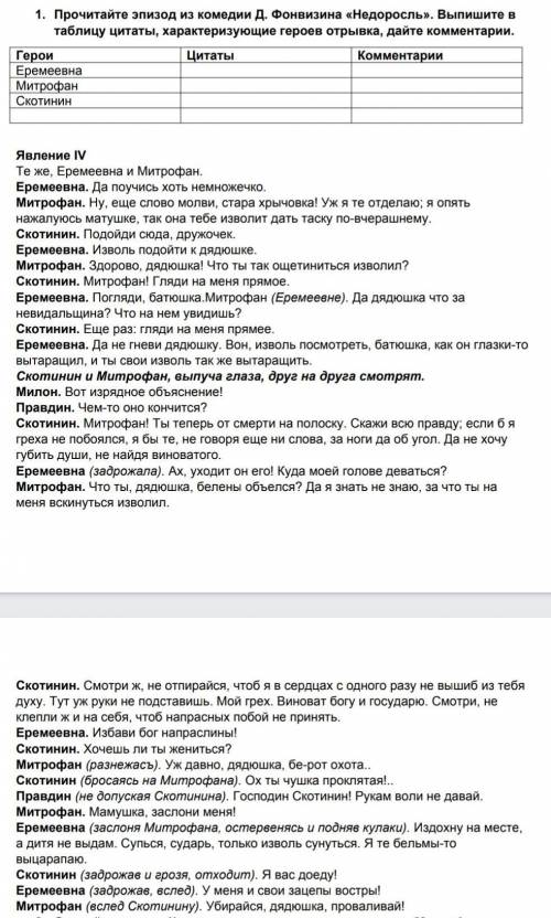 Прочитайте эпизод из комедии Д. Фонвизина «Недоросль». Выпишите в таблицу цитаты, характеризующие ге