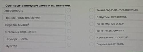 Соотнесите вводные слова и их значения: УверенностьТаким образом, следовательноПривлечение вниманияп