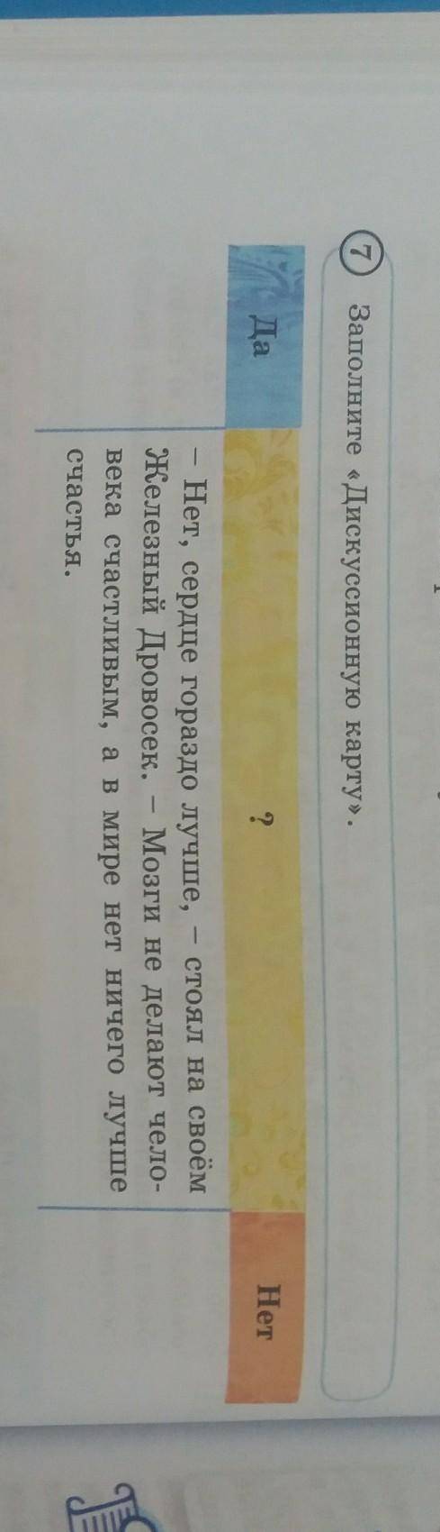 7) Заполните «Дискуссионную карту». Да?НетНет, сердце гораздо лучше, стоял на своёмЖелезный Дровосек