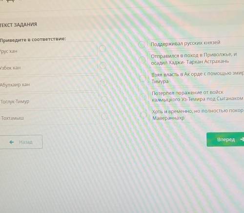ТЕКСТ ЗАДАНИЯ Приведите в соответствие:Урус ханПоддерживал русских князейУзбек ханОтправился в поход