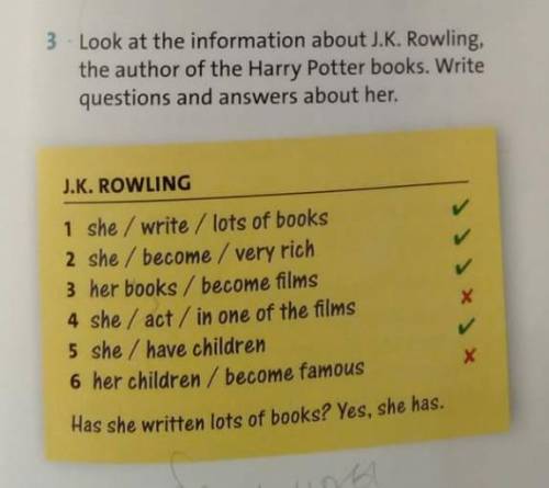 look at the infirmation about J.K.Rowling, the author of the Harry Potter books.Write questions and