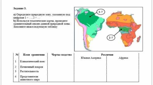 А) Определите природную зону, указанную под цифрами 1 – …, 2 – … b) Используя тематические карты, пр