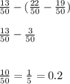 \frac{13}{50} - ( \frac{22}{50} - \frac{19}{50} )\\\\\frac{13}{50} - \frac{3}{50}\\\\\\\frac{10}{50} = \frac{1}{5} = 0.2