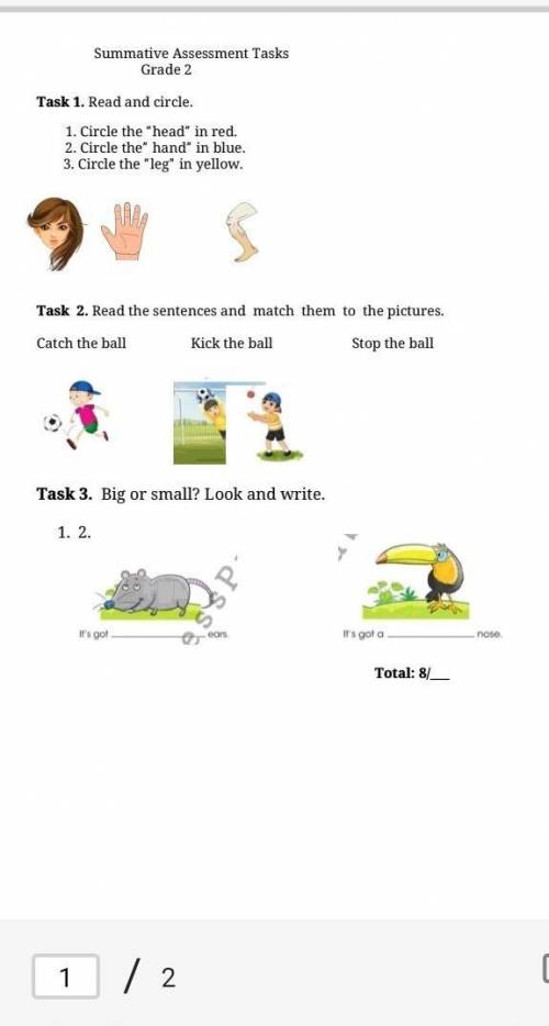 Task 1. Read and circle. 1. Circle the head in red.2. Circle the hand in blue.3. Circle the leg