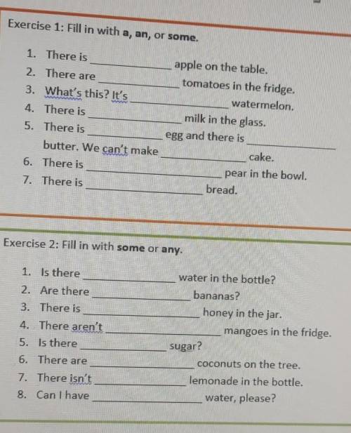 Exercise 1: Fill in with a, an, or some. Remember!We use some beforeuncountable nouns and pluralnoun