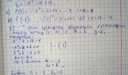 Дана функция: -х2- х+12=0; а) Найдите значения функции f(3), f(-5) Известно, что график функции прох