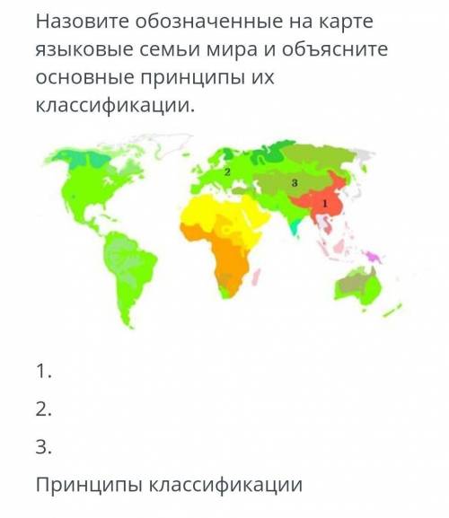 Назовите обозначенные на карте языковые семьи мира и объясните основные принципы их классификации. 1