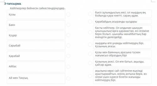 3 - тапсырма . Кейіпкерлер бейнесін сәйкестендіріңіздер . Қозы ең бойында қара ниетті , сараң адам .