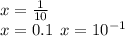 x = \frac{1}{10} \\ x = 0.1 \: \: x = 10 {}^{ - 1}