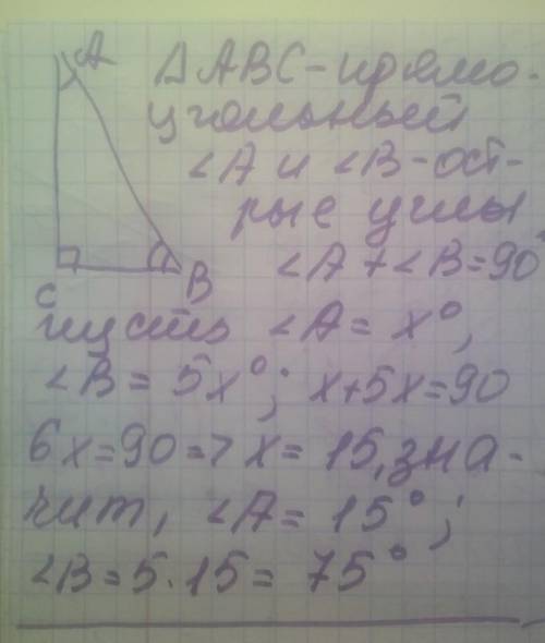 Знайдіть один з гострих прямокутного кутів в 5 р більше за інший кут ​