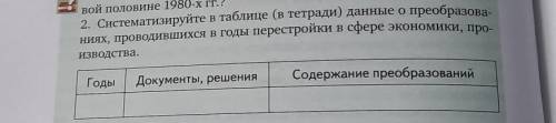 2. Систематизируйте в таблице (в тетради) данные о преобразова- ниях, проводившихся в годы перестрой