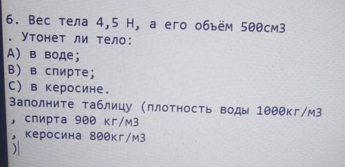 6. Вее тела 4,5н, а его объём обем 1 . Утонет ли тело:А) в воде:В) в спирте;C) в керосине.Заполните