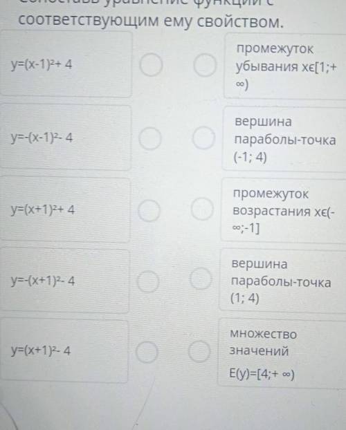 Сопоставь уравнение функции с соответствующим ему свойством.промежутокy=(x-1)2-4убывания хє[1;+oo)y=