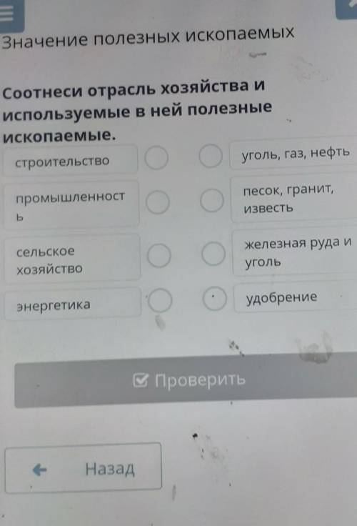 Соотнеси отрасль хозяйства и используемые в ней полезныеископаемые.строительствоо уголь, газ, нефтьп