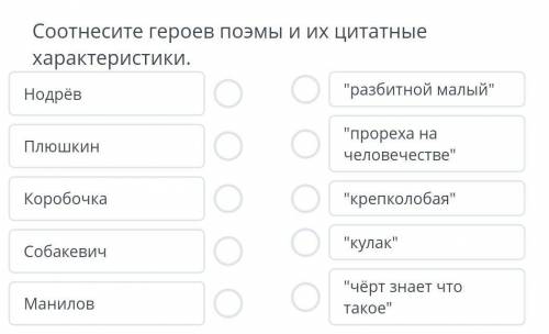 Соотнесите героев поэмы и их цитатныехарактеристики.Нодрёвразбитной малыйоПлюшкинпрореха начелове