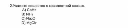 2. Укажите вещество с ковалентной связью. A) CaH2 B) NH3 C) Na2O D) MgCl2​