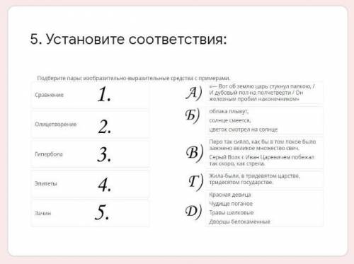 5. Установите соответствия: 5. ответ на 5 вопрос: *1.В) 2.Б) 3.Г) 4.А) 5.Д)1.В) 2.Б) 3.А) 4.Д) 5.Г)1