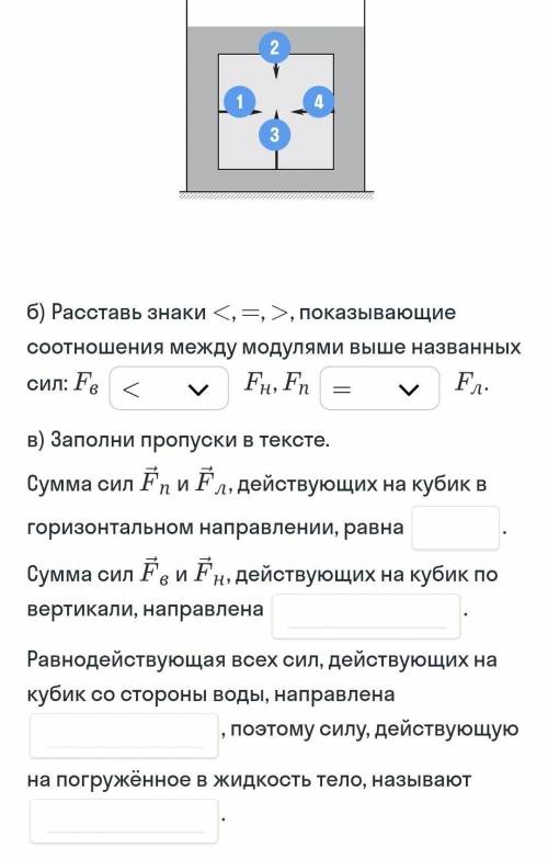 Fв - сила, действующая на верхнюю гранькубика,Fн - сила, действующая на нижнюю гранькубика,Fп- сила,