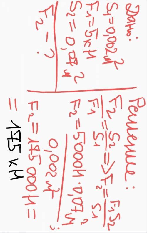 , ОТ Площадь малого поршня гидравлической машины 0,002 м^2, на него действует сила 5 кН. Какую силу