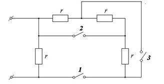 Чему равно общее сопротивление цепи, если замкнут ключ 1, а ключи 2 и 3 равны?