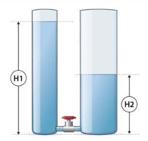 В два сосуда, между которыми находится кран (он закрыт), налита вода. Укажи, в каком сосуде давление