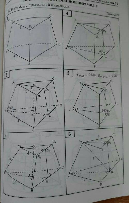 решить 6 задачек по геометрии. Нужно найти площадь полной поверхности правильной усеченной пирамиды.