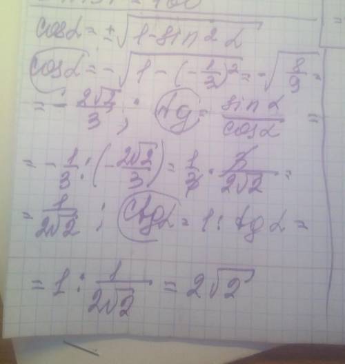 ОЧЕНЬ Известно, что sin a = - 1/3 и a = III кв. угол. найти cos a и tg a.